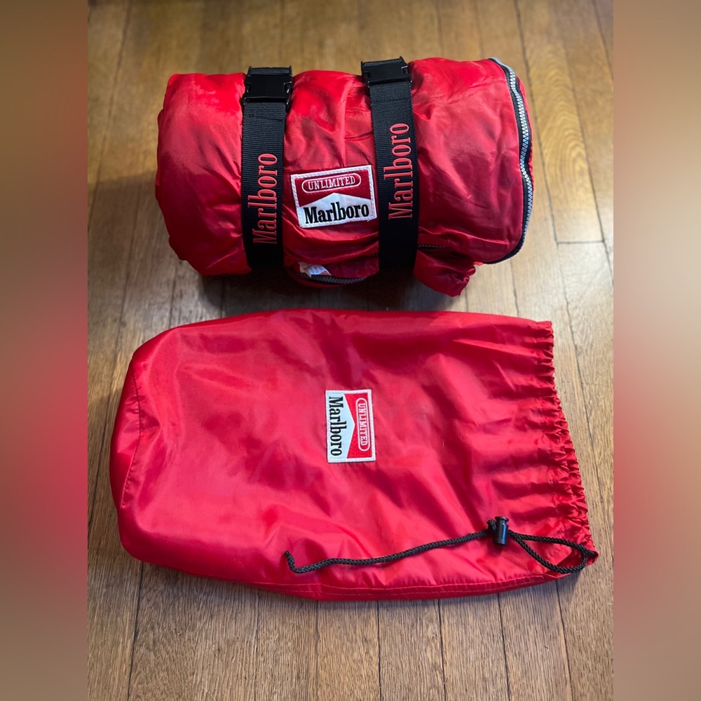 Vintage Marlboro Red Sleeping Bag with Matching Red Drawstring Pouch